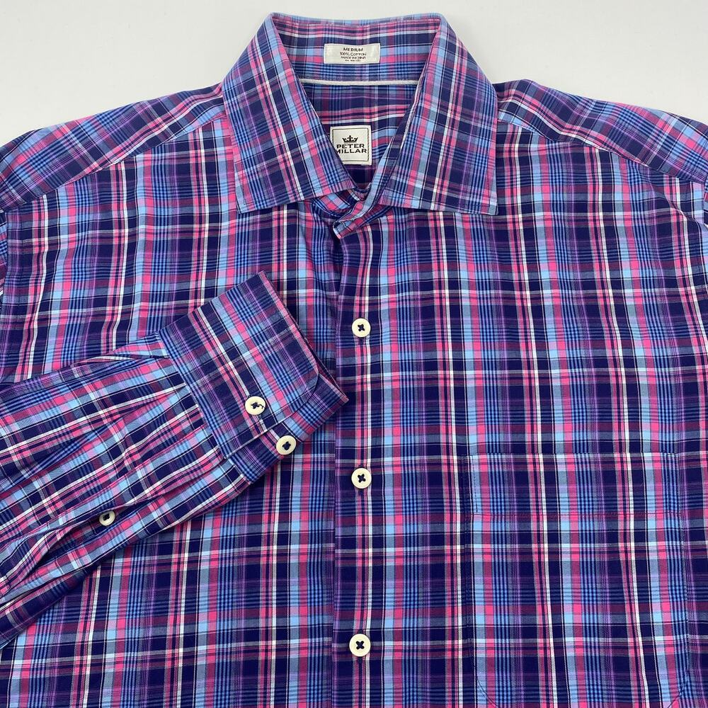 Peter Millar Medium Purple Pink Plaid Long Sleeve Button Up‎ Cotton Shirt